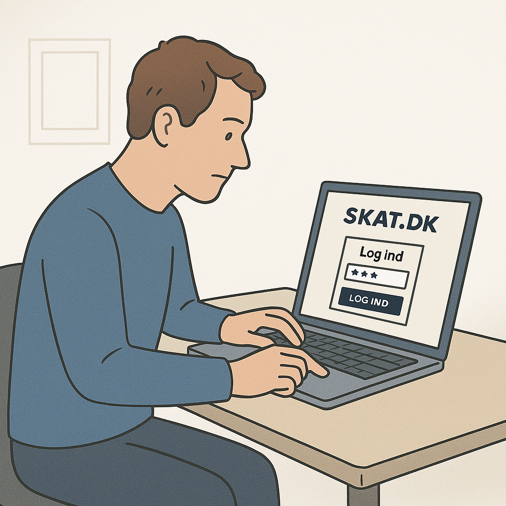 En person, der sidder ved et skrivebord med en bærbar computer og logger ind på skat.dk