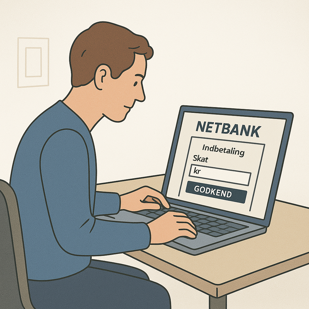Et billede af en person, der logger ind på netbank for at foretage en indbetaling til Skat