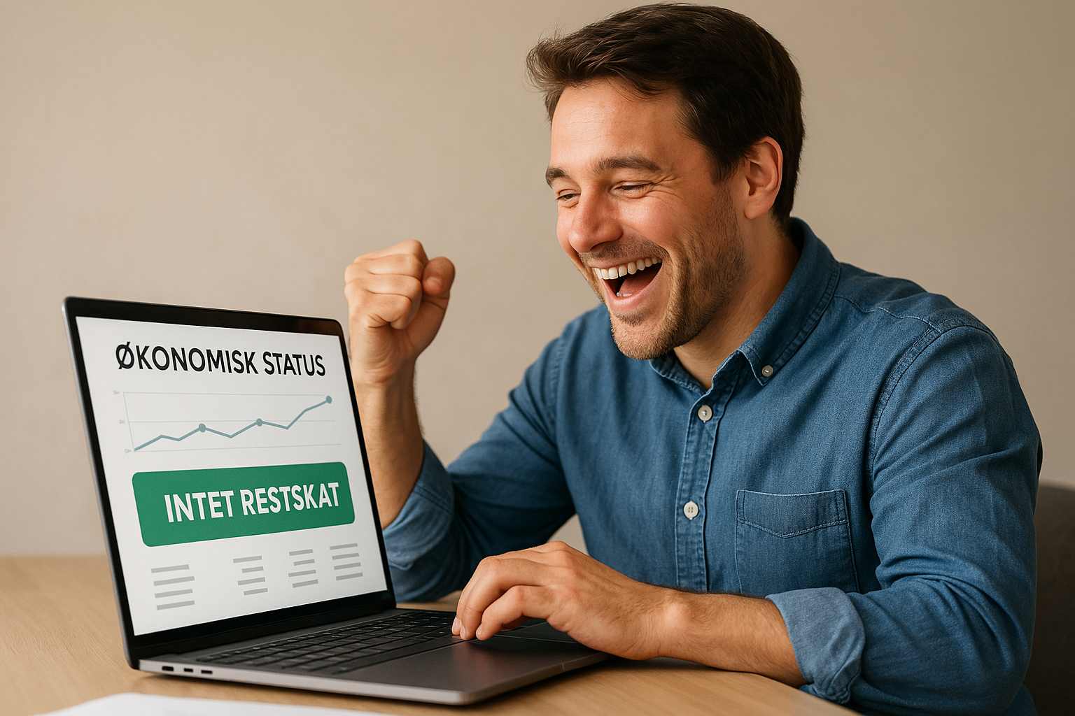 En glad person, der tjekker sin økonomiske status på computeren og slipper for restskat